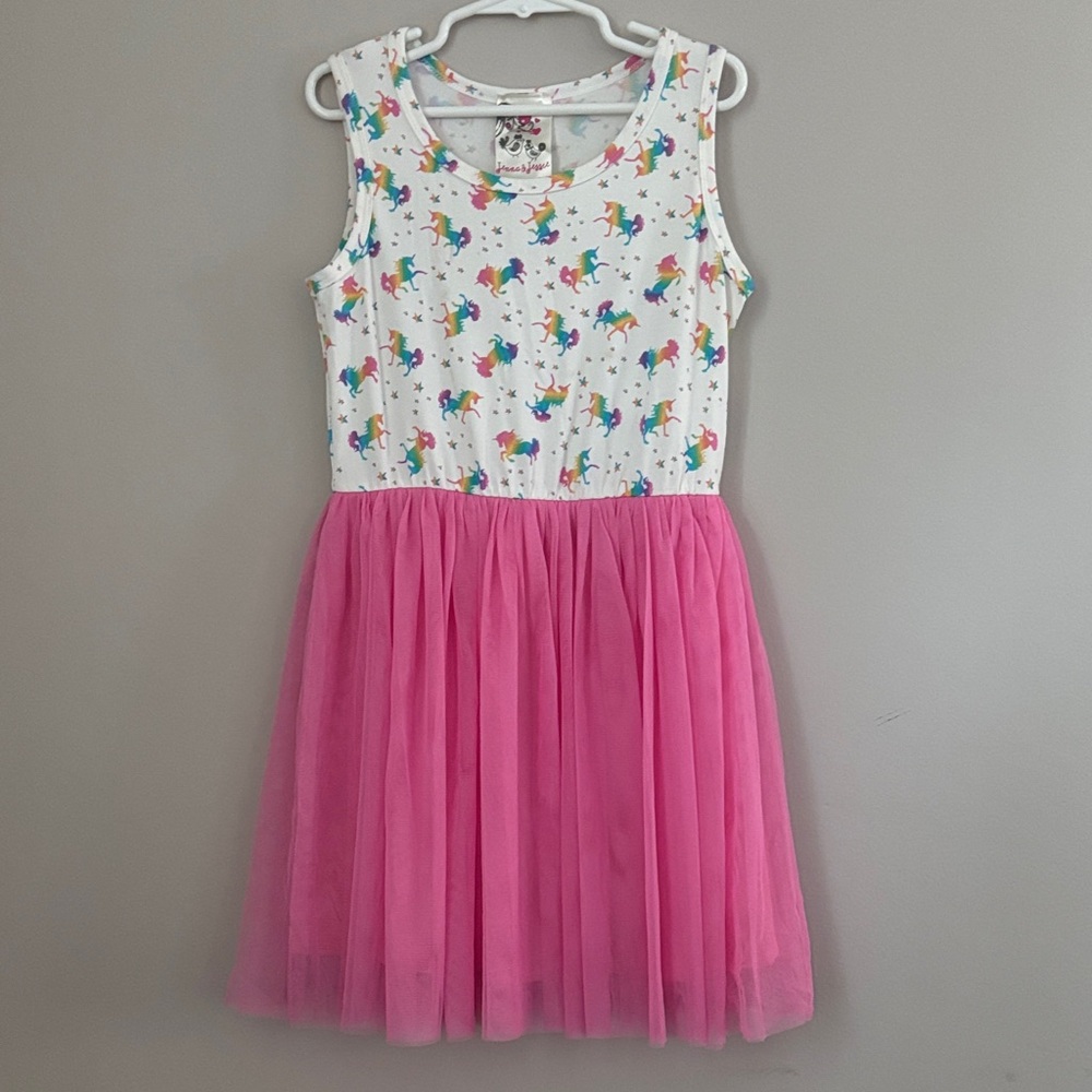 Charming Unicorn Print Kids Dress with Pink Skirt